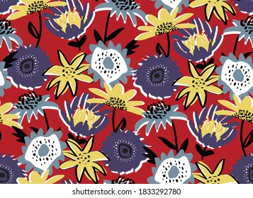 Abstracto Flores retro de dibujo a mano y hojas patrón vectorial repetidor fondo aislado
