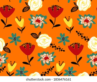 Abstract Hand Drawing Retro Flowers and Leaves Repeating Vector Pattern Isolated Background