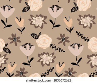Abstracto Flores retro de dibujo a mano y hojas patrón vectorial repetidor fondo aislado
