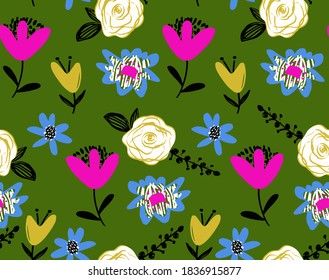 Abstract Hand Drawing Retro Flowers and Leaves Repeating Vector Pattern Isolated Background