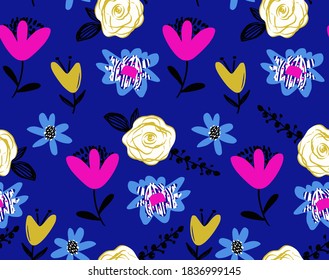 Abstract Hand Drawing Retro Flowers and Leaves Repeating Vector Pattern Isolated Background