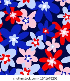 Abstract Hand Drawing Retro Flowers Repeating Vector Pattern Isolated Background