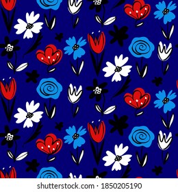 Abstraktes Handziehen von Retro-Blumen und Blättern Wiederholtes Vektormuster einzeln auf Hintergrund