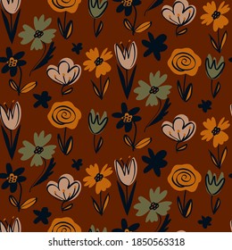 Abstract Hand Drawing Retro Flowers and Leaves Repeating Vector Pattern Isolated Background