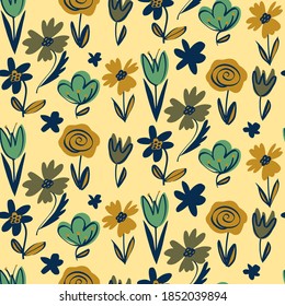 Abstract Hand Drawing Retro Flowers and Leaves Repeating Vector Pattern Isolated Background