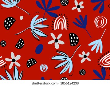 Abstract Hand Drawing Retro Flowers Leaves and Geometric Shapes Repeating Vector Pattern Isolated Background