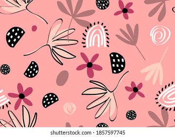 Abstract Hand Drawing Retro Flowers Leaves and Geometric Shapes Repeating Vector Pattern Isolated Background