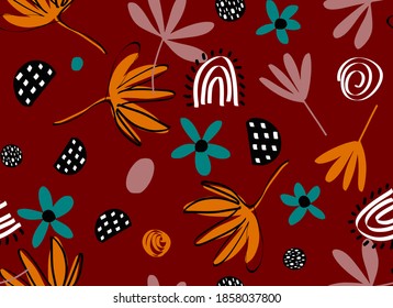 Abstract Hand Drawing Retro Flowers Leaves and Geometric Shapes Repeating Vector Pattern Isolated Background