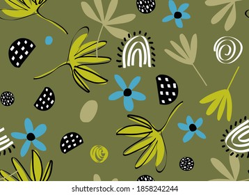 Abstract Hand Drawing Retro Flowers Leaves and Geometric Shapes Repeating Vector Pattern Isolated Background