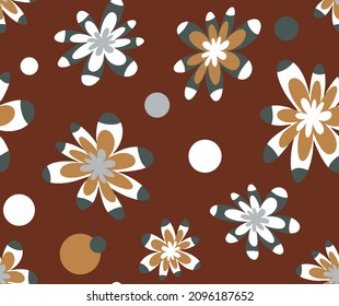 Abstract Hand Drawing Retro Flowers and Dots Seamless Vector Pattern Isolated Background