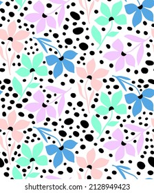 Abstract Hand Drawing Retro Flowers Leaves and Dots Seamless Vector Pattern Isolated Background