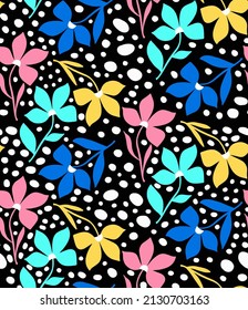 Abstract Hand Drawing Retro Flowers Leaves and Dots Seamless Vector Pattern Isolated Background