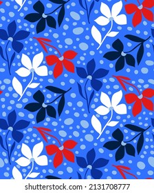 Abstract Hand Drawing Retro Flowers Leaves and Dots Seamless Vector Pattern Isolated Background