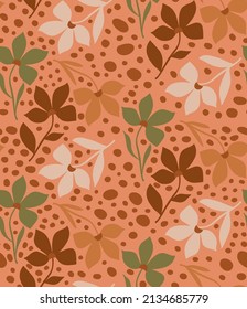 Abstract Hand Drawing Retro Flowers Leaves and Dots Seamless Vector Pattern Isolated Background