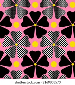 Abstract Hand Drawing Retro Flowers and Dots Seamless Vector Pattern Isolated Background