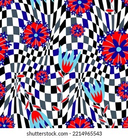Abstract Hand Drawing Retro Flowers and Leaves Seamless Vector Pattern with Checkered Optical Illusion Chess Board Background