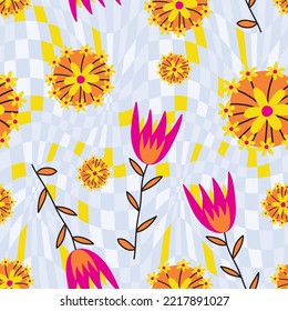 Abstract Hand Drawing Retro Flowers and Leaves Seamless Vector Pattern with Checkered Optical Illusion Chess Board Background