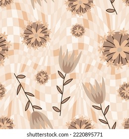 Abstract Hand Drawing Retro Flowers and Leaves Seamless Vector Pattern with Checkered Optical Illusion Chess Board Background