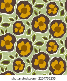 Abstract Hand Drawing Retro Flowers and Leaves Scribbling Brush Strokes Seamless Vector Pattern Isolated Background
