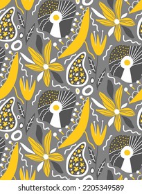 Abstraktes Handziehen Retro Folk Ethnische geometrische Blumen Blätter und Formen nahtlose Vektormuster isolierter Hintergrund