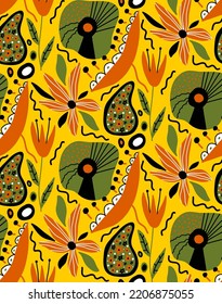 Abstract Hand Drawing Retro Folk Ethnic Geometric Flowers Leaves and Shapes Seamless Vector Pattern Isolated Background