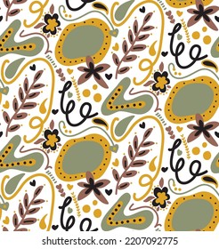 Abstract Hand Drawing Retro Folk Ethnic Geometric Flowers Leaves and Shapes Seamless Vector Pattern Isolated Background