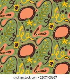 Resumen Dibujo manual Retro Flores geométricas de origen étnico folk hojas y formas patrón vectorial sin problemas Fondo aislado
