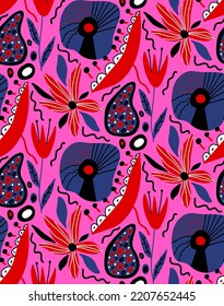 Abstract Hand Drawing Retro Folk Ethnic Geometric Flowers Leaves and Shapes Seamless Vector Pattern Isolated Background