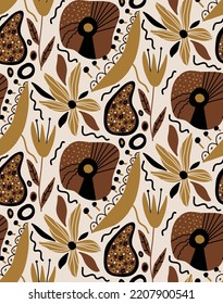 Resumen Dibujo manual Retro Flores geométricas de origen étnico folk hojas y formas patrón vectorial sin problemas Fondo aislado