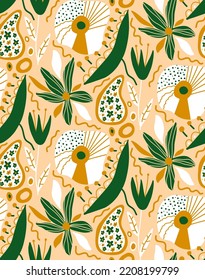 Abstraktes Handziehen Retro Folk Ethnische geometrische Blumen Blätter und Formen nahtlose Vektormuster isolierter Hintergrund