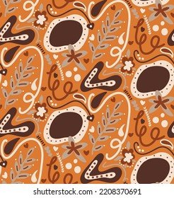 Abstract Hand Drawing Retro Folk Ethnic Geometric Flowers Leaves and Shapes Seamless Vector Pattern Isolated Background