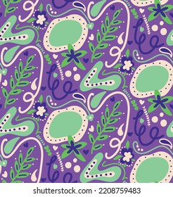 Abstract Hand Drawing Retro Folk Ethnic Geometric Flowers Leaves and Shapes Seamless Vector Pattern Isolated Background