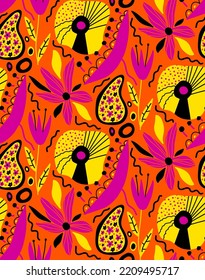 Resumen Dibujo manual Retro Flores geométricas de origen étnico folk hojas y formas patrón vectorial sin problemas Fondo aislado