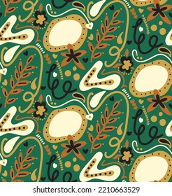 Abstraktes Handziehen Retro Folk Ethnische geometrische Blumen Blätter und Formen nahtlose Vektormuster isolierter Hintergrund