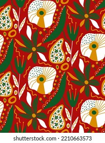 Resumen Dibujo manual Retro Flores geométricas de origen étnico folk hojas y formas patrón vectorial sin problemas Fondo aislado
