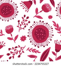 Abstract Hand Drawing Retro Folk Ethnic Geometric Flowers Leaves and Shapes Seamless Vector Pattern Isolated Background
