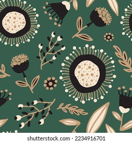 Abstract Hand Drawing Retro Folk Ethnic Geometric Flowers Leaves and Shapes Seamless Vector Pattern Isolated Background