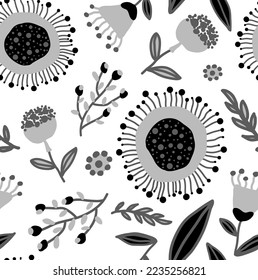 Abstract Hand Drawing Retro Folk Ethnic Geometric Flowers Leaves and Shapes Seamless Vector Pattern Isolated Background