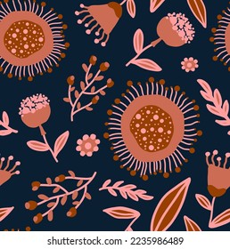 Abstract Hand Drawing Retro Folk Ethnic Geometric Flowers Leaves and Shapes Seamless Vector Pattern Isolated Background