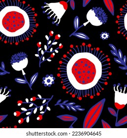 Resumen Dibujo manual Retro Flores geométricas de origen étnico folk hojas y formas patrón vectorial sin problemas Fondo aislado