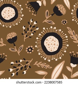 Abstract Hand Drawing Retro Folk Ethnic Geometric Flowers Leaves and Shapes Seamless Vector Pattern Isolated Background