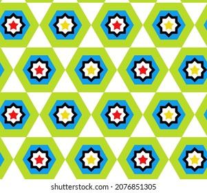 Abstraktes Handzeichnen, geometrisches Hexagon-Dreieck mit Retro-Geometrie und Sternformen Nahtlose Vektormuster, isolierter Hintergrund