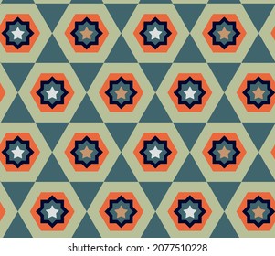 Abstract Hand Drawing Retro Geometric Hexagon Triangle and Star Shapes Seamless Vector Pattern Isolated Background