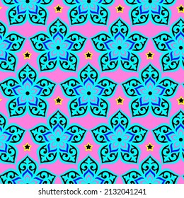 Abstract Hand Drawing Retro Geometric Ethnic Traditional Flowers and Stars Tile Ceramic Motifs Seamless Vector Pattern Isolated Background