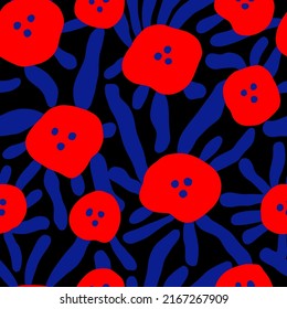 Abstract Hand Drawing Retro Geometric Poppy Flowers and Leaves Seamless Vector Pattern Isolated Background