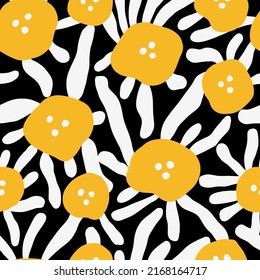 Abstract Hand Drawing Retro Geometric Poppy Flowers and Leaves Seamless Vector Pattern Isolated Background