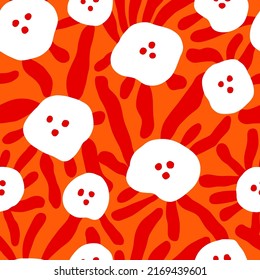 Abstract Hand Drawing Retro Geometric Poppy Flowers and Leaves Seamless Vector Pattern Isolated Background