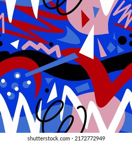 Abstract Hand Drawing Retro Geometric Shapes Dots Triangles Swirls Seamless Vector Pattern Isolated Background