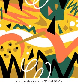 Abstract Hand Drawing Retro Geometric Shapes Dots Triangles Swirls Seamless Vector Pattern Isolated Background