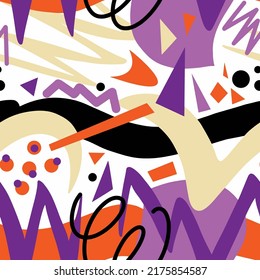 Abstract Hand Drawing Retro Geometric Shapes Dots Triangles Swirls Seamless Vector Pattern Isolated Background